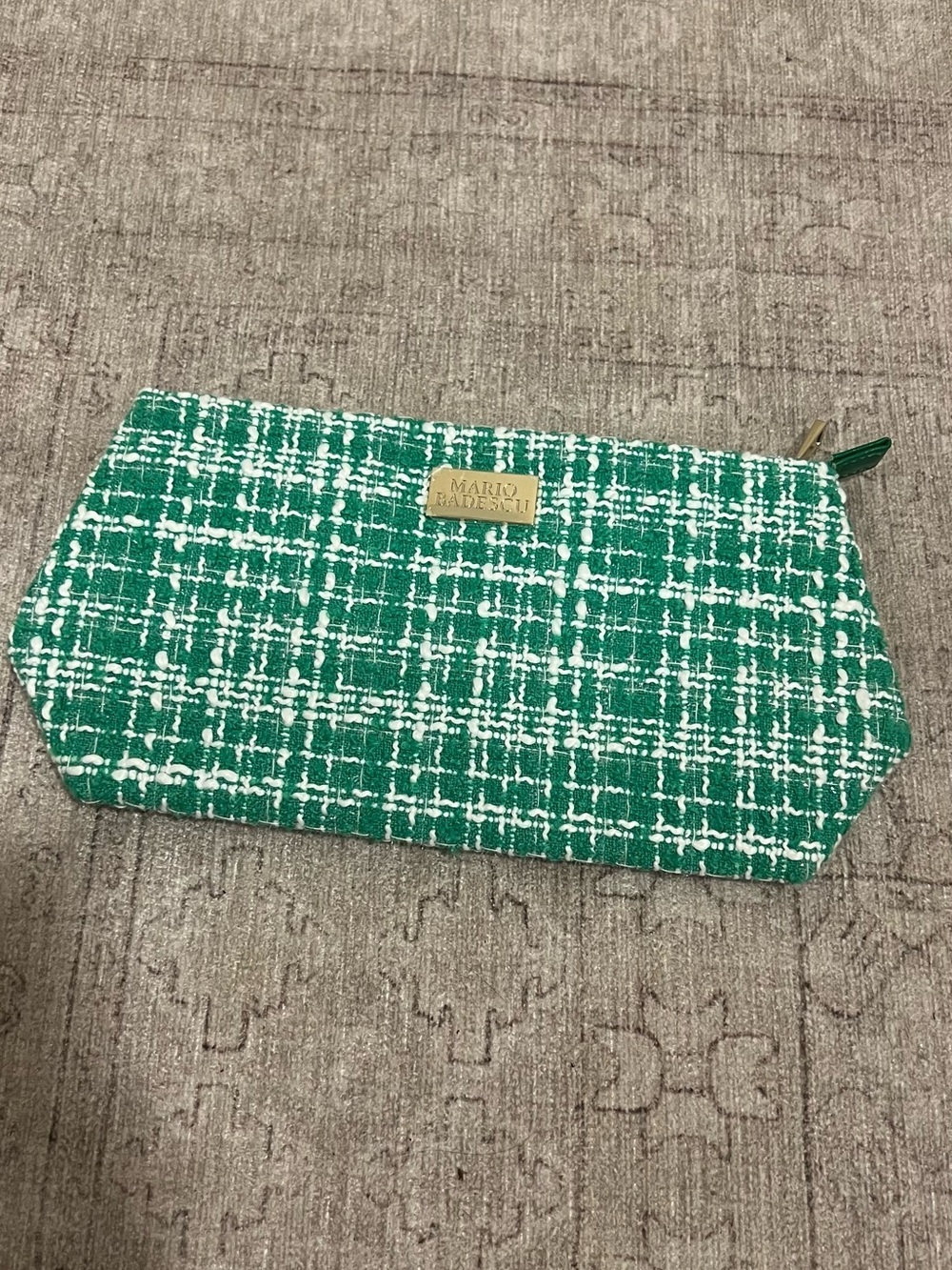 Mario Badescu Green Tweed Bouclé Cosmetic Makeup Bag Pouch NEW